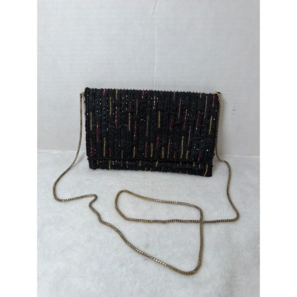 VTG 80s La Regale Beaded Evening Clutch Womens Small Black Multi Color Satin Bag